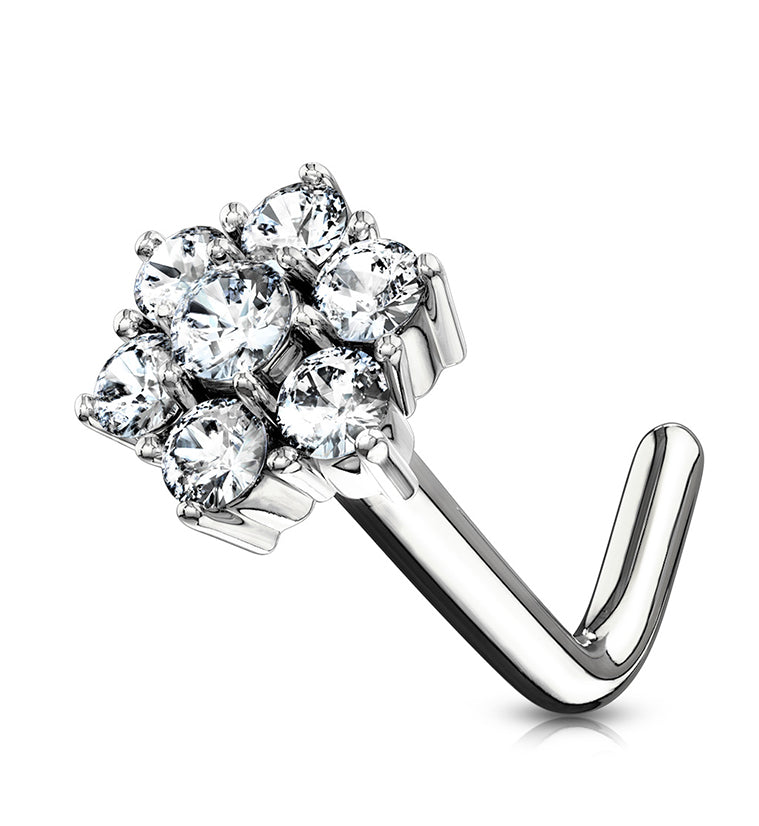 20G 14kt White Gold CZ Flower Pack L Shaped Nose Ring