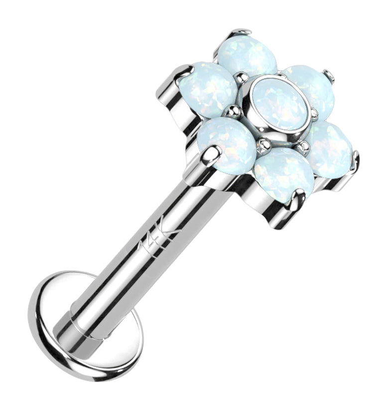 14kt White Gold Flower White Opalite Internally Threaded Labret