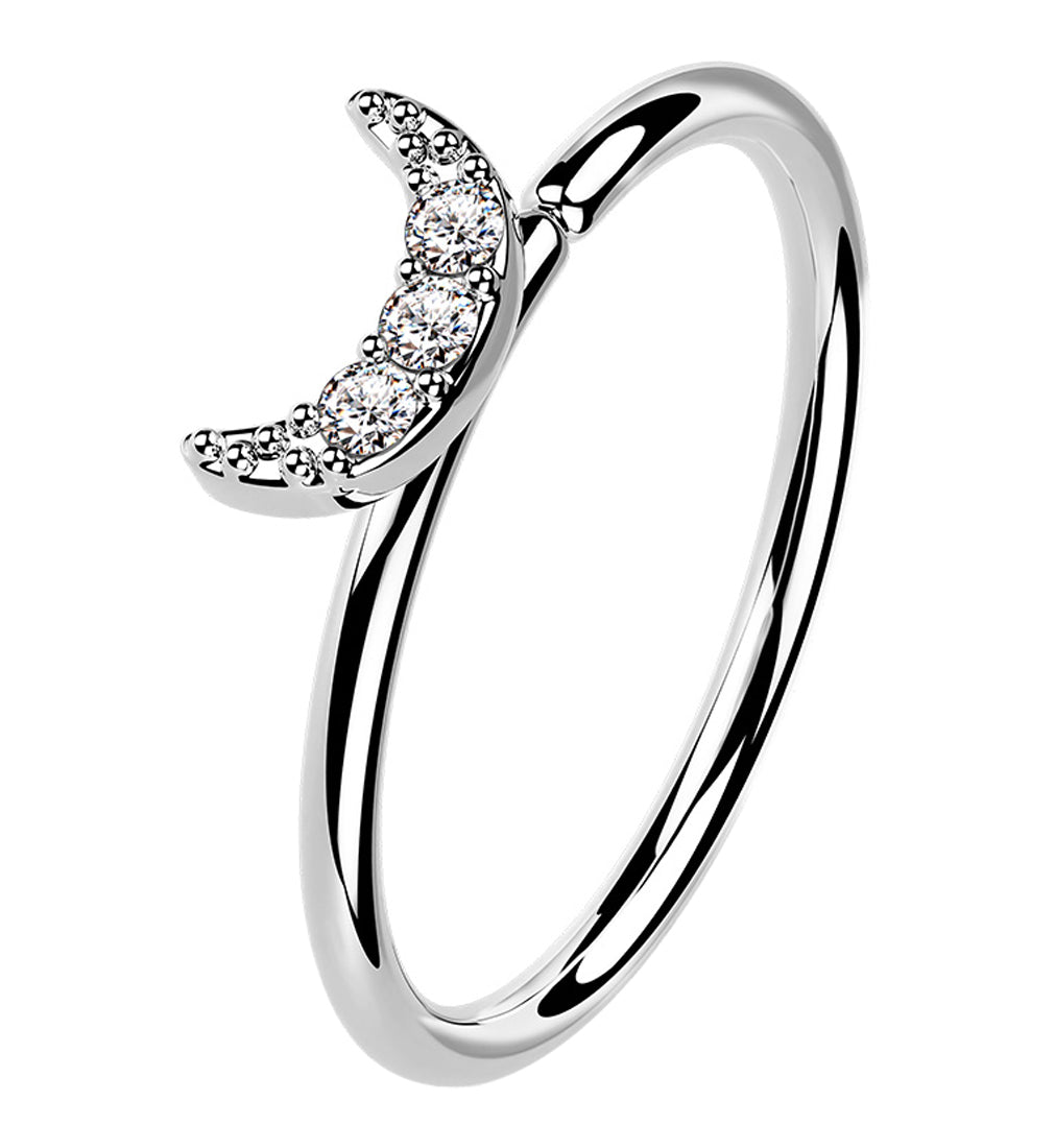 14kt White Gold Half Moon Clear CZ Hoop Ring