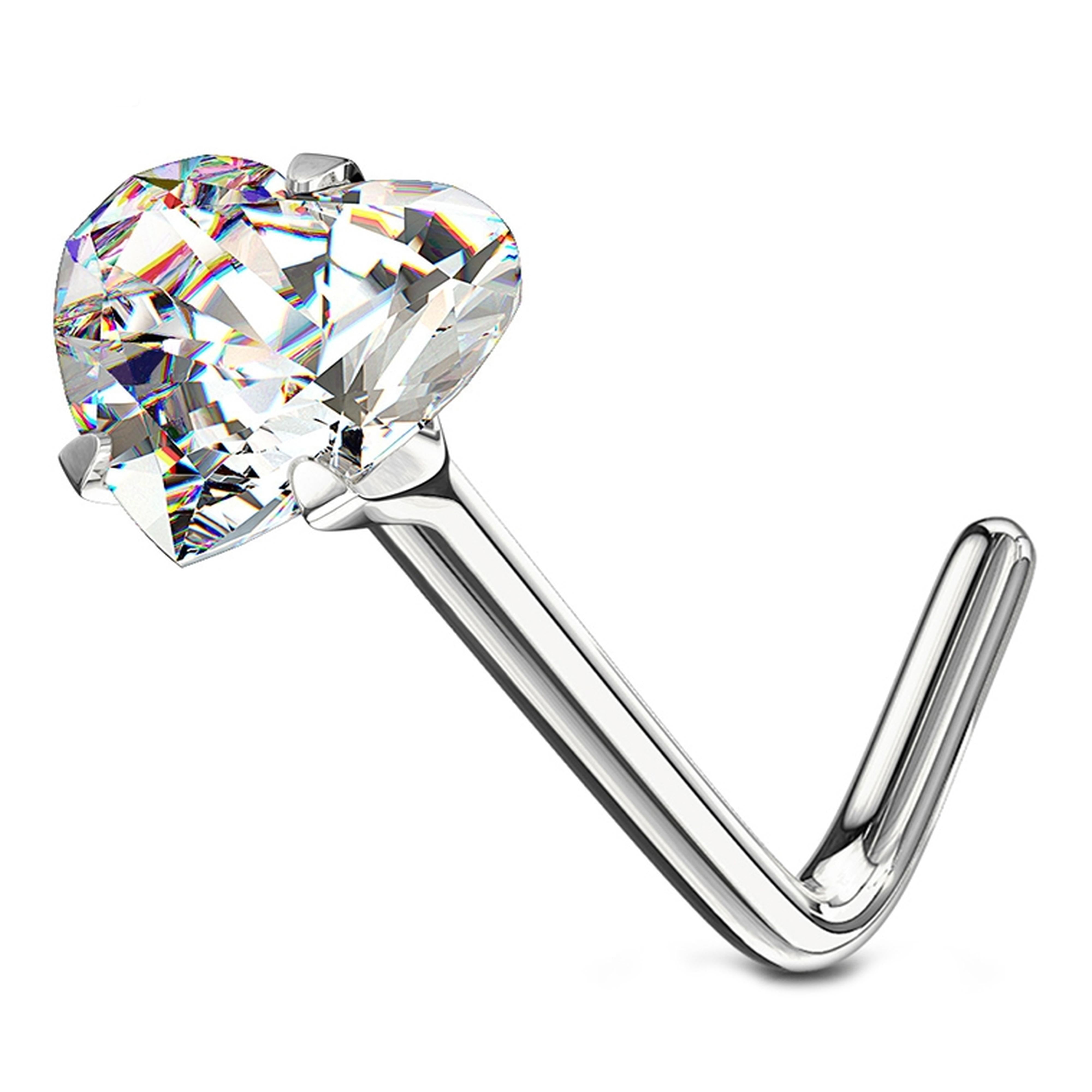 14kt White Gold Clear Heart CZ L Bend Nose Ring