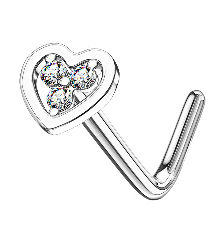 14kt White Gold Heart Clear CZ L Bend Nose Ring