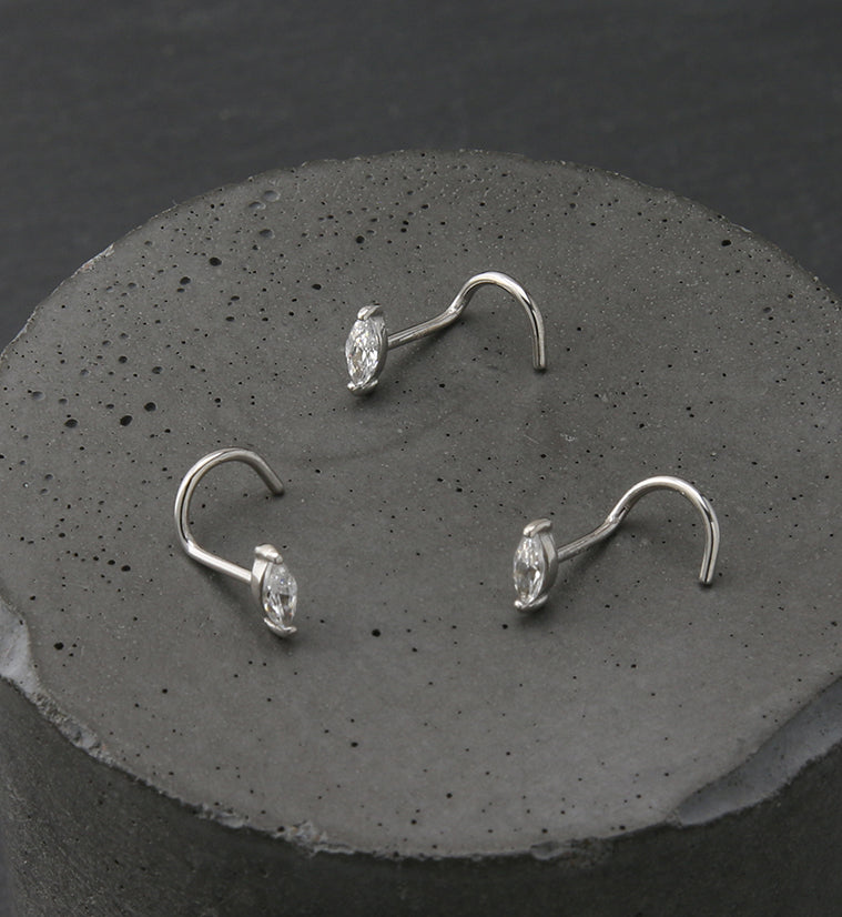14kt White Gold Ovate Clear CZ Nose Screw