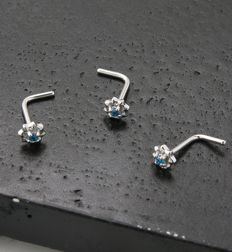 14kt White Gold Sol Aqua CZ L Bend Nose Ring