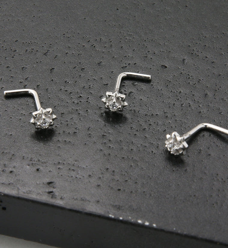 14kt White Gold Sol Clear CZ L Bend Nose Ring