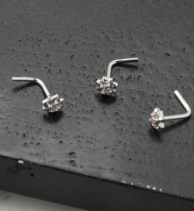 14kt White Gold Sol Pink CZ L Bend Nose Ring