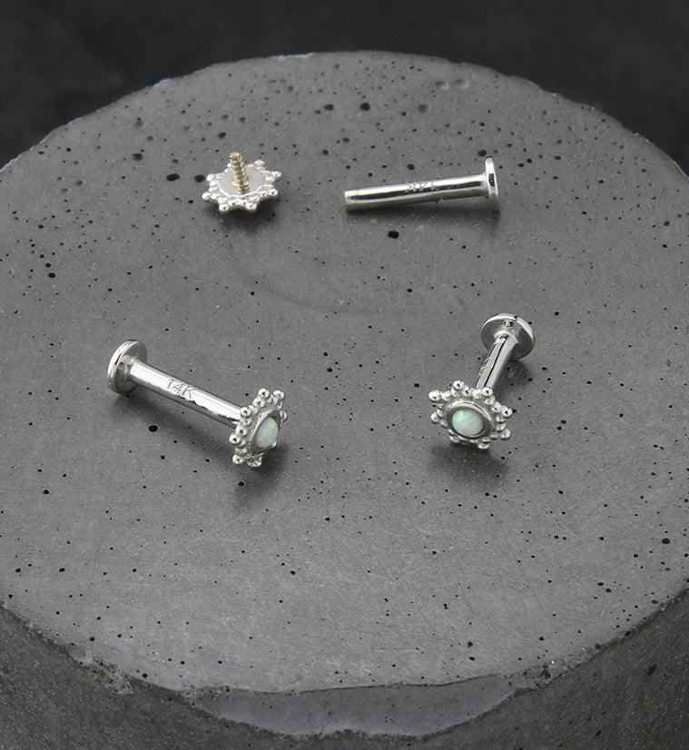 14kt White Gold Solar White Opalite Internally Threaded Labret