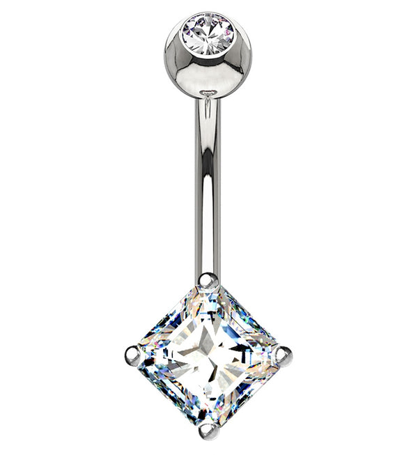 14kt White Gold Prong Square CZ Belly Button Ring