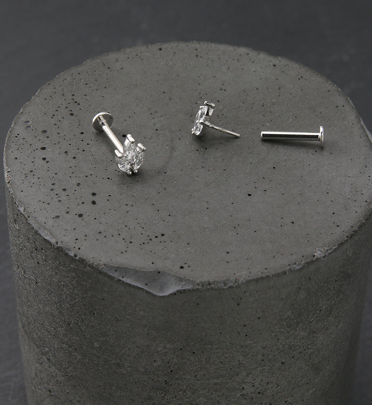 14kt White Gold Tri Sepal CZ Threadless Labret