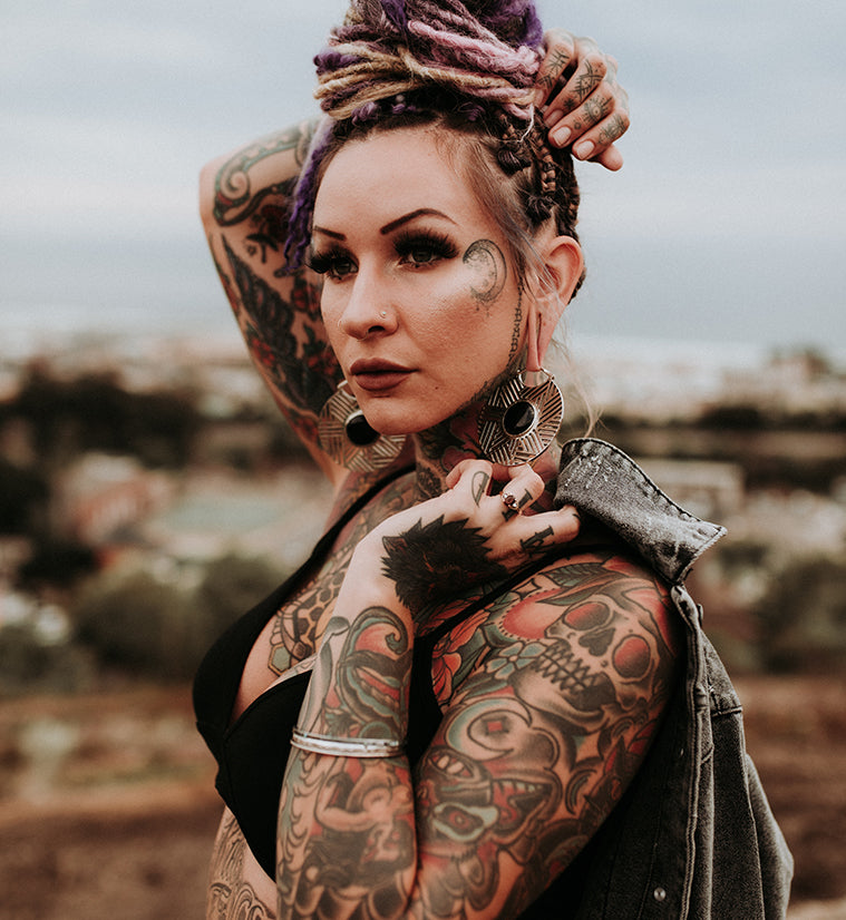 Haphazard Black Obsidian White Brass Ear Weights