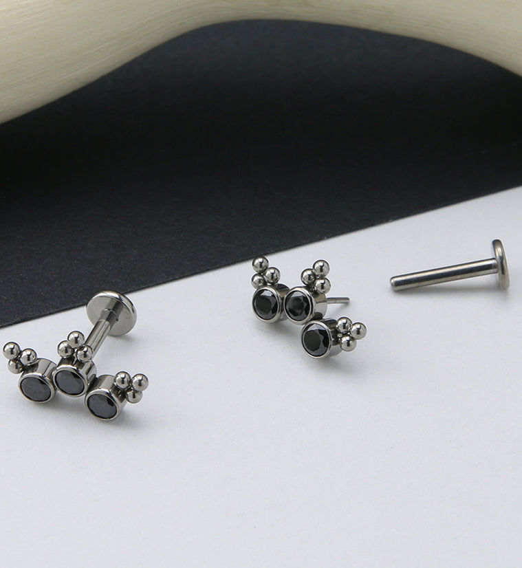 16G Triple Beaded Black CZ Curve Titanium Threadless Labret