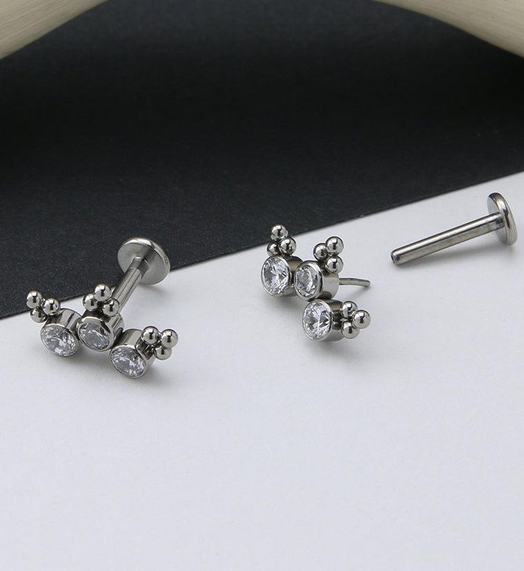 16G Triple Beaded Clear CZ Curve Titanium Threadless Labret