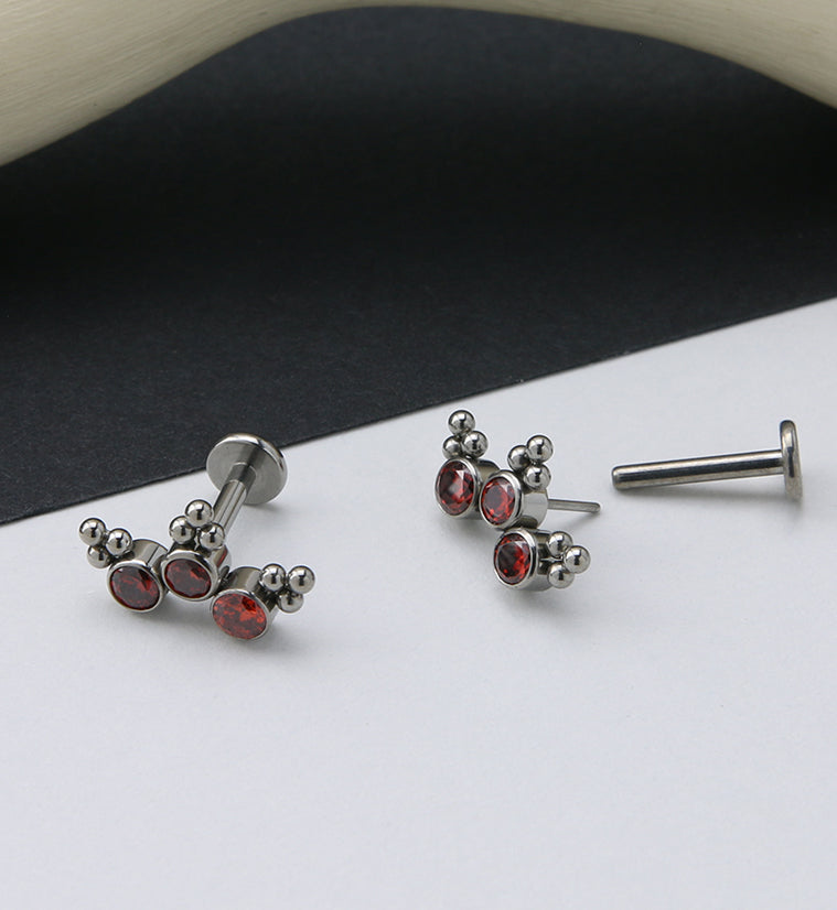 16G Triple Beaded Red CZ Curve Titanium Threadless Labret