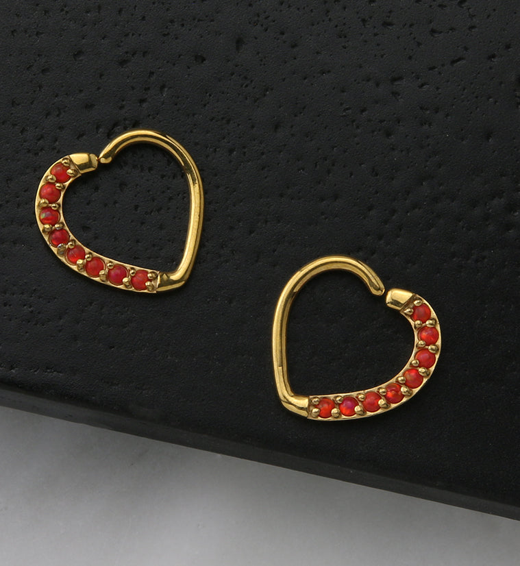 16G Gold PVD Red Opalite Annealed Heart Daith - Cartilage Ring