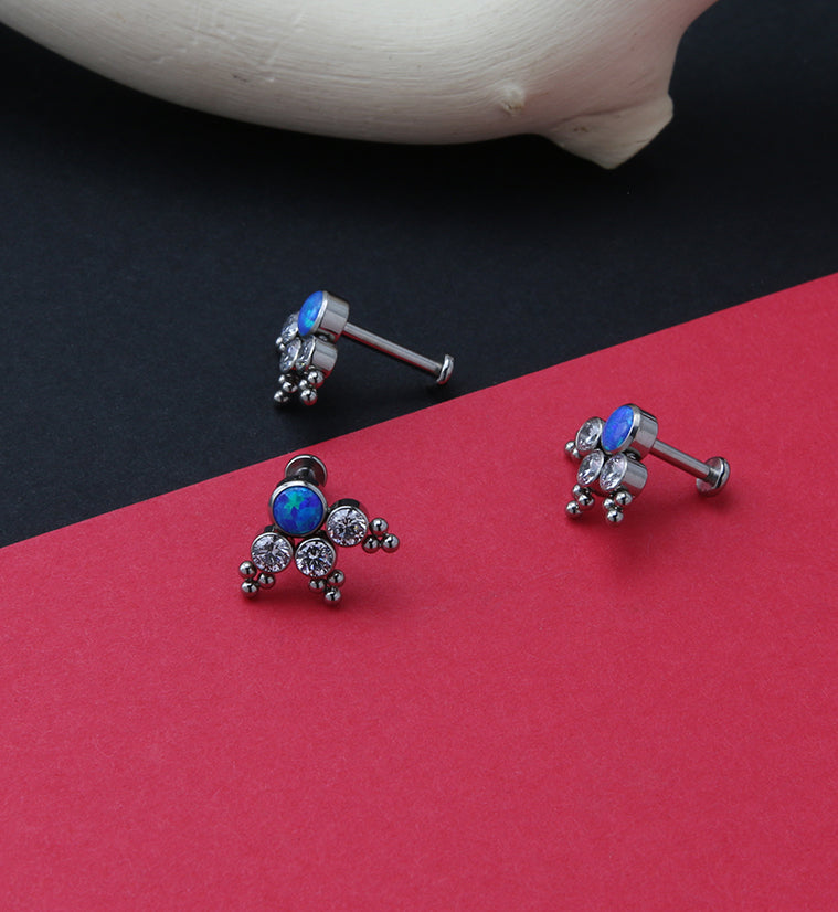 16G Triple Beaded CZ Blue Opal Titanium Labret Post