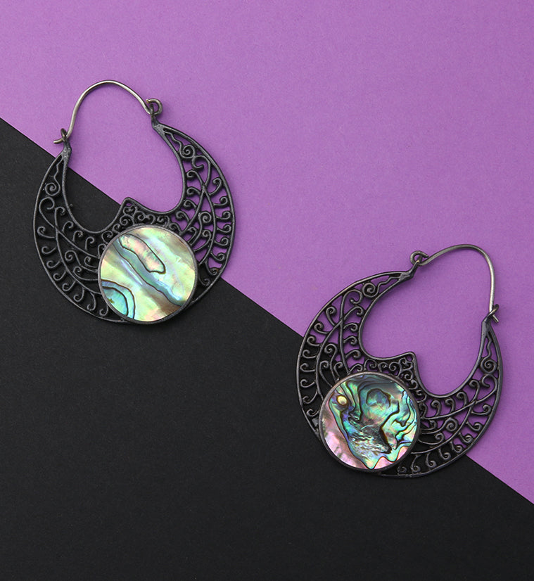 18G Abalone Ornament Black Brass Earrings