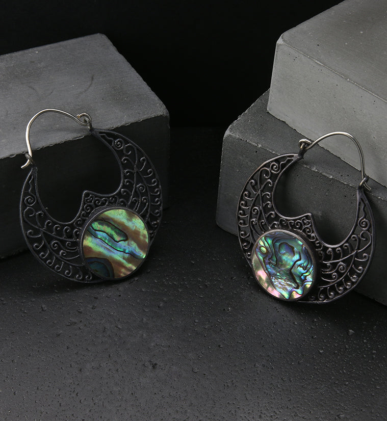18G Abalone Ornament Black Brass Earrings