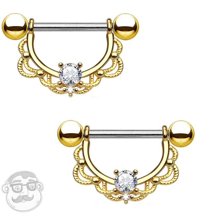 14G Gold Brass Lacey CZ Gem Nipple Ring Barbells