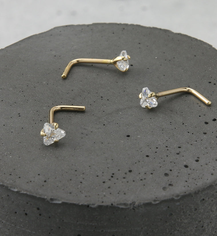 20G 14kt Gold CZ Triangle L Shaped Nose Ring
