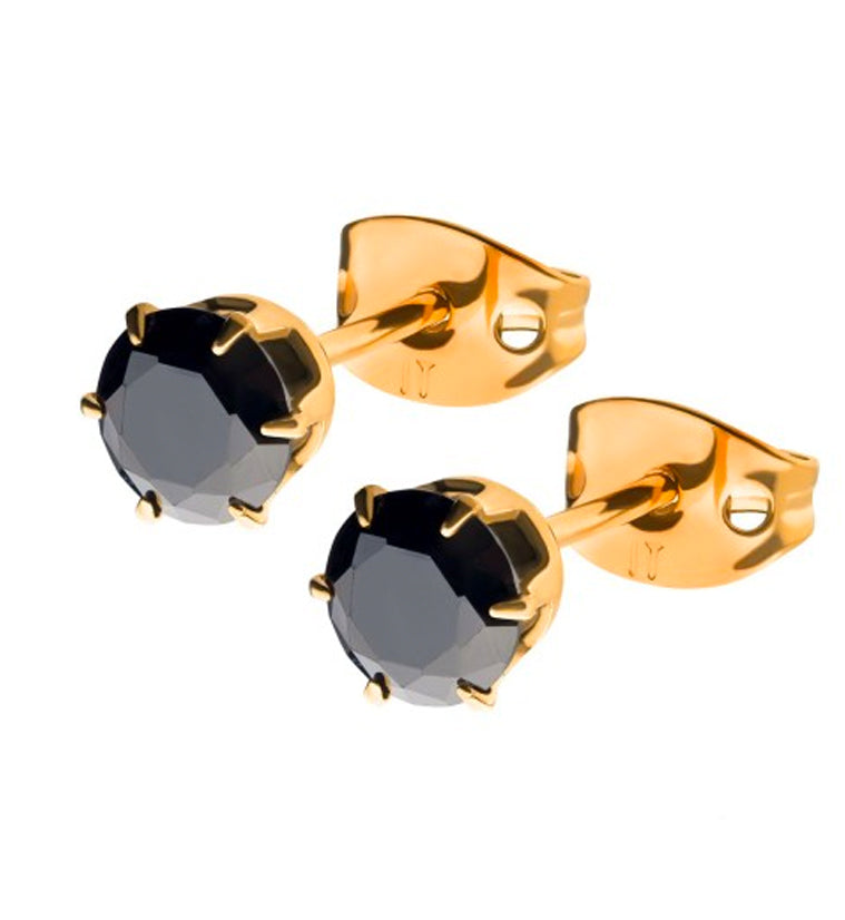 24kt Gold PVD Black CZ Prong Titanium Earrings