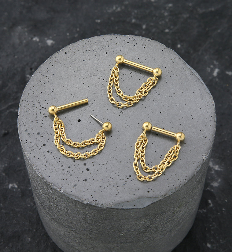 24kt Gold PVD Double Dangle Chain Threadless Titanium Barbells