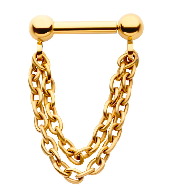 24kt Gold PVD Double Dangle Chain Threadless Titanium Barbells