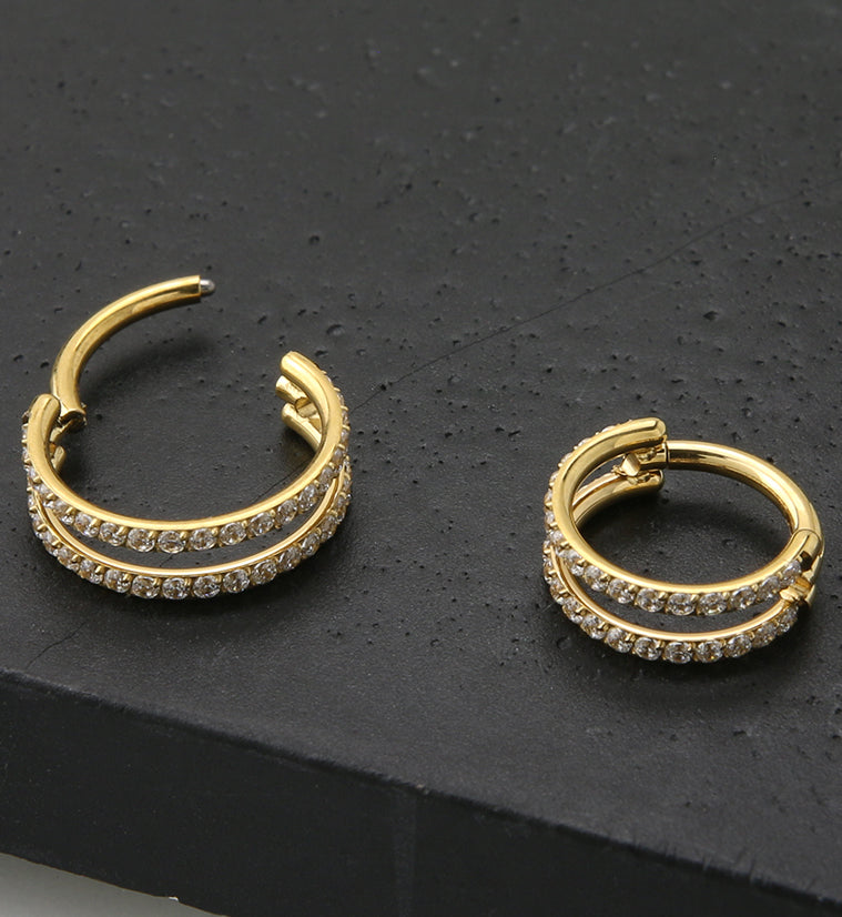 24kt Gold PVD Double Interval CZ Row Titanium Hinged Segment Ring