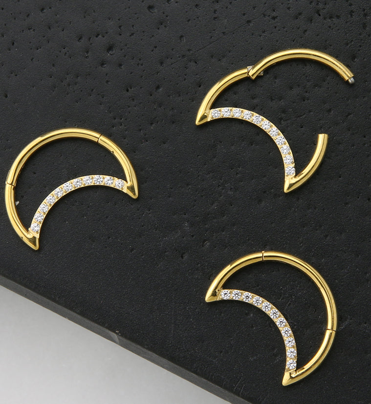 24kt Gold PVD Half Moon CZ Row Titanium Hinged Segment Ring