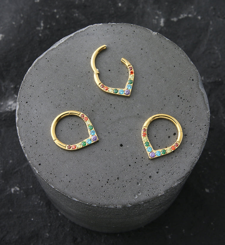 24kt Gold PVD Point Rainbow CZ Titanium Hinged Segment Ring