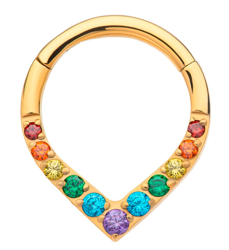 24kt Gold PVD Point Rainbow CZ Titanium Hinged Segment Ring