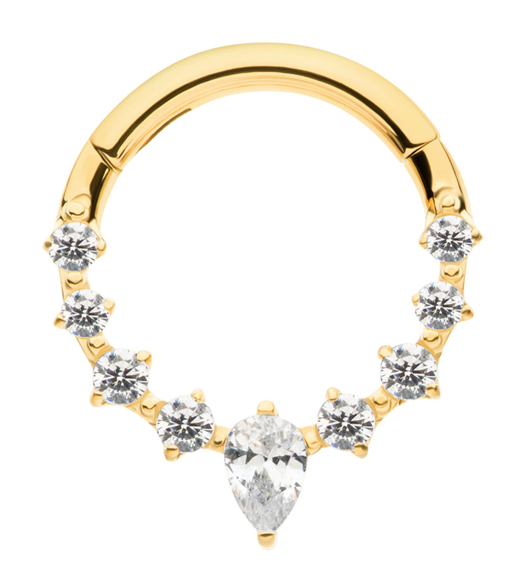 24kt Gold PVD Teardrop Icicle Clear CZ Titanium Hinged Segment Ring