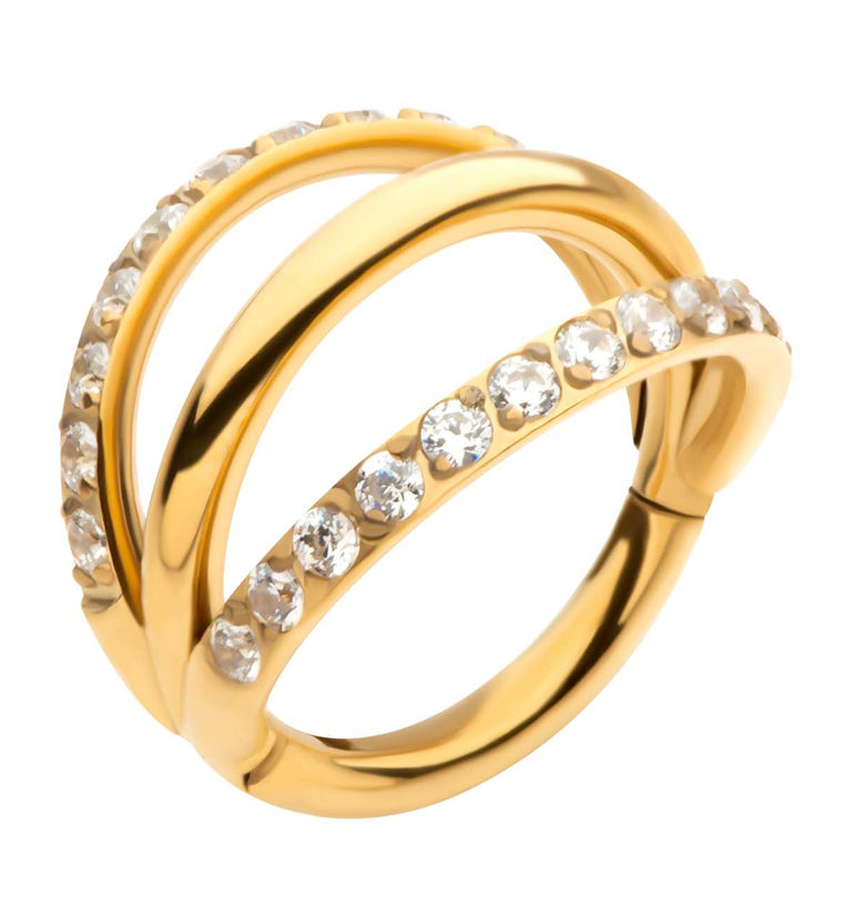 24kt Gold PVD Triple Side Bar Dual Clear CZ Row Titanium Hinged Segment Ring