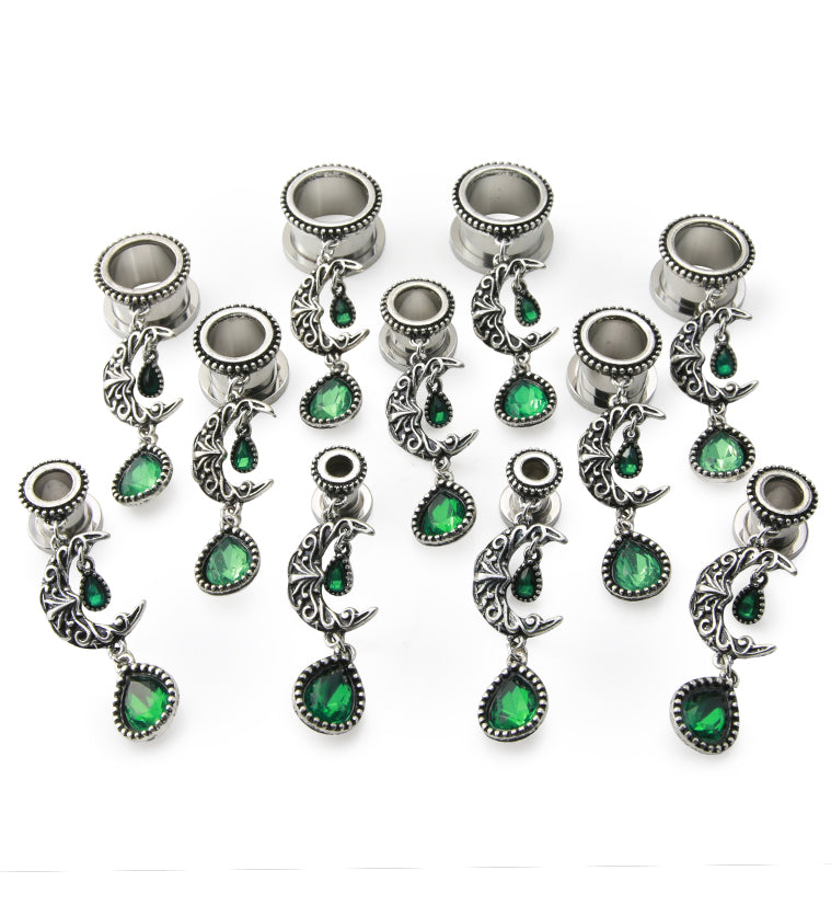 Emerald Crescent Moon Dangle Stainless Steel Tunnels