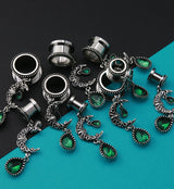 Emerald Crescent Moon Dangle Stainless Steel Tunnels