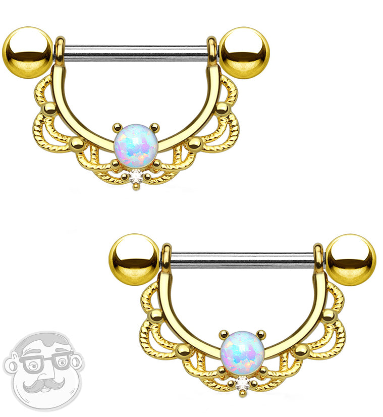 14G Gold Brass Lacey Opal Nipple Ring Barbells