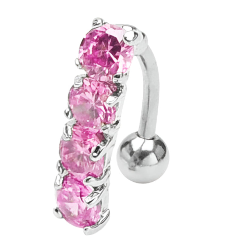 Stunning Four Pink Gem Stone Steel Belly Button Ring