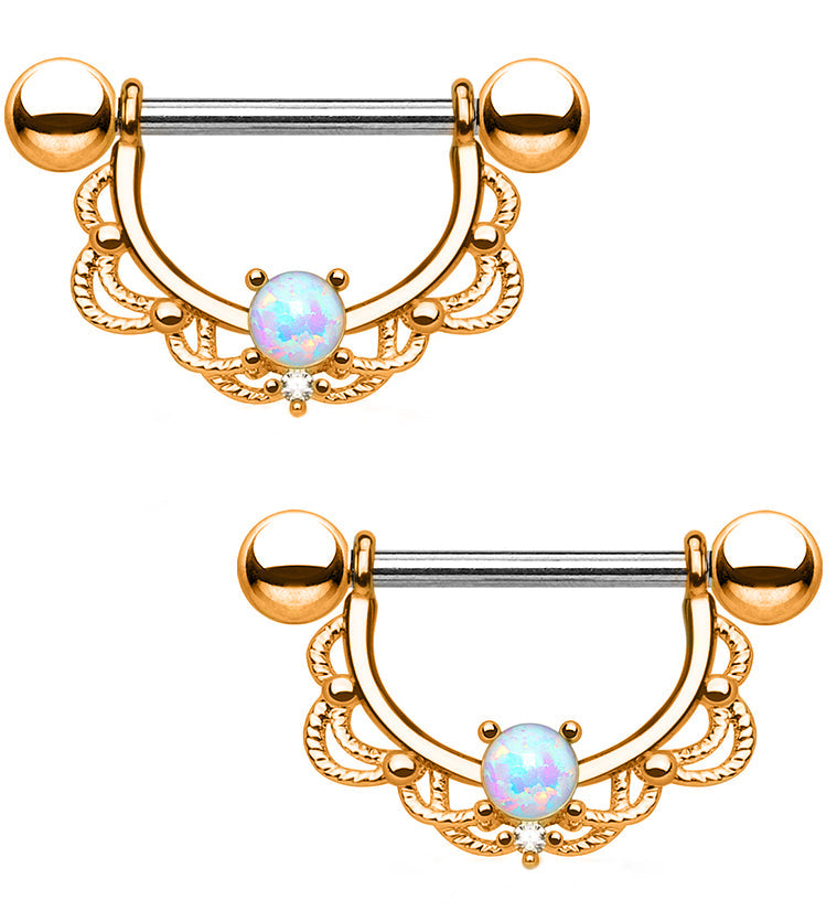 14G Rose Gold Brass Lacey Opal Nipple Ring Barbells