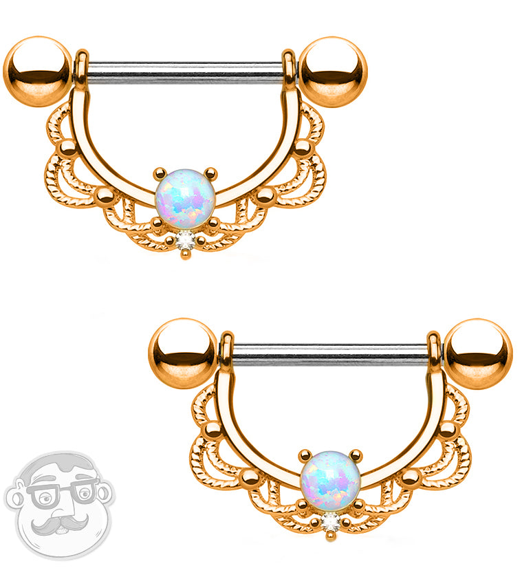 14G Rose Gold Brass Lacey Opal Nipple Ring Barbells