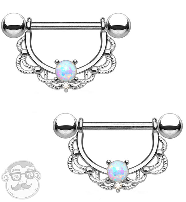 14G Silver Brass Lacey Opal Nipple Ring Barbells