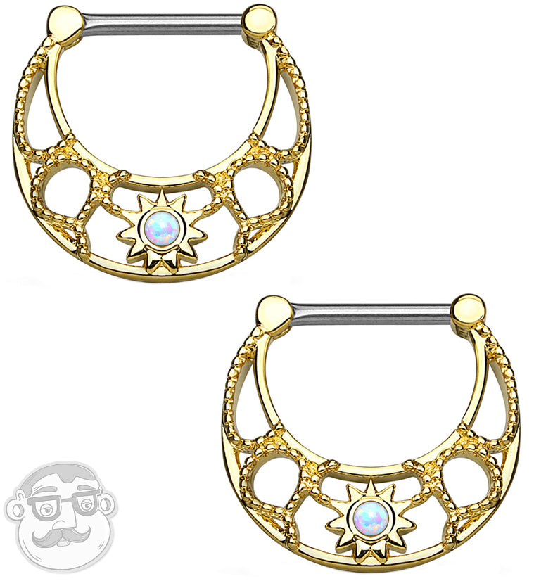 14G Gold Brass Sunburst Opal Nipple Clicker Rings