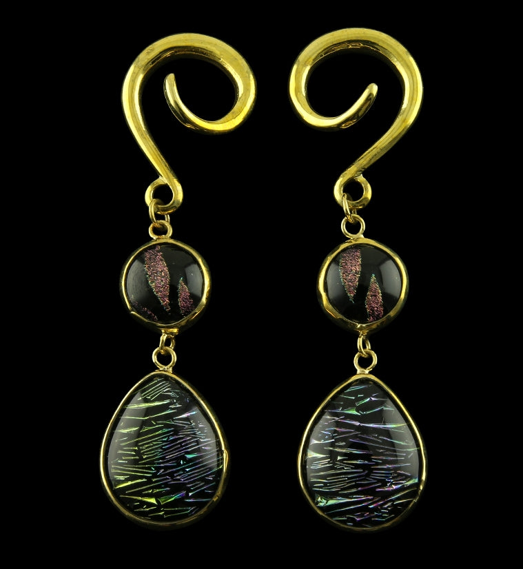 Jazzy Double Teardrop Dichroic Glass Brass Ear Weights