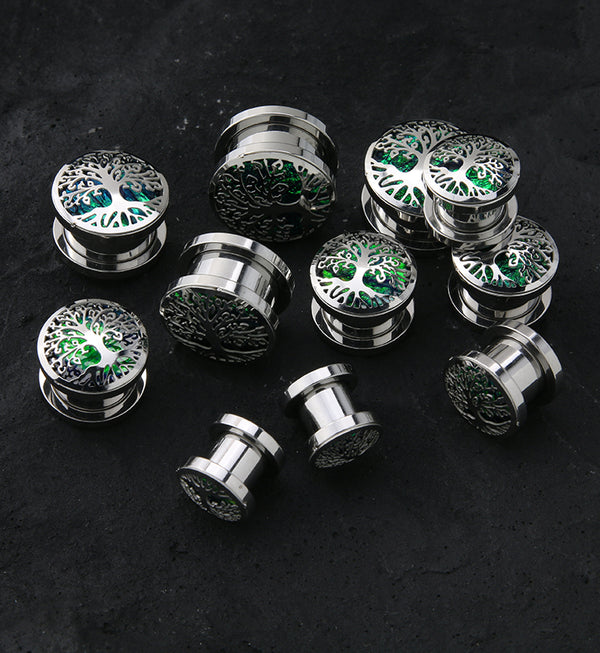 Tree Of Life Green Opalite Stainless Steel Screw Back Tunnel Plugs