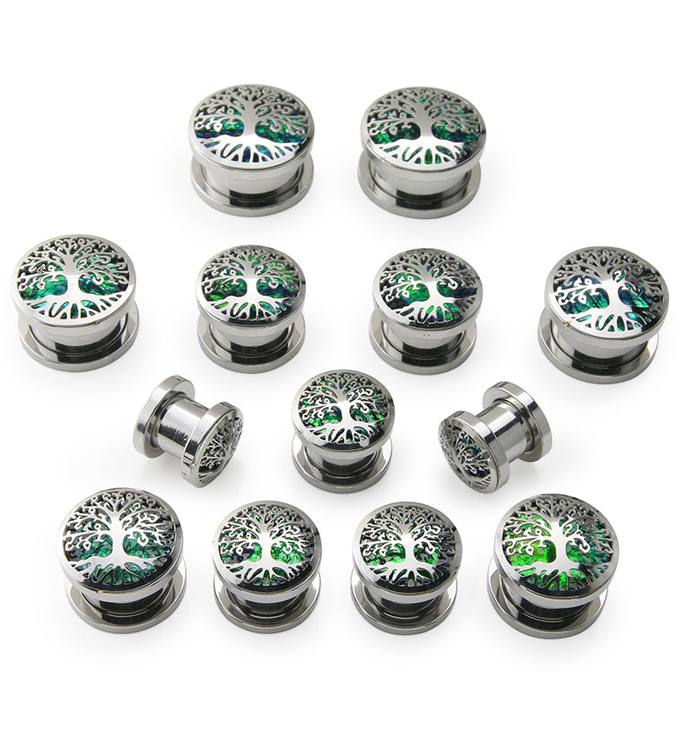 Tree Of Life Green Opalite Stainless Steel Screw Back Tunnel Plugs