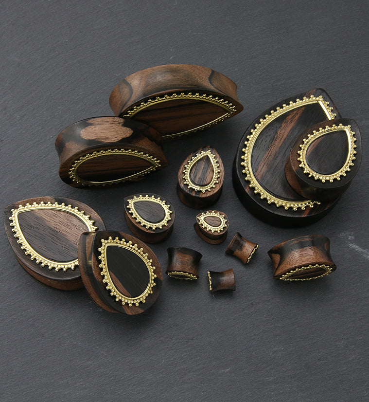 Adorn Brass Inlay Areng Wood Teardrop Plugs