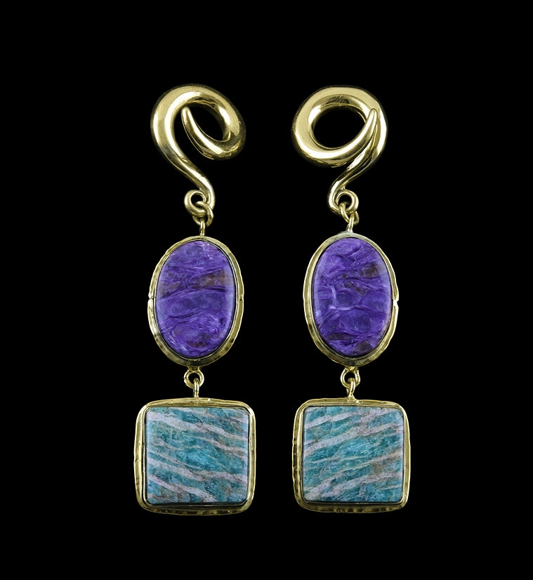 Charoite X Amazonite Stone Brass Ear Weights