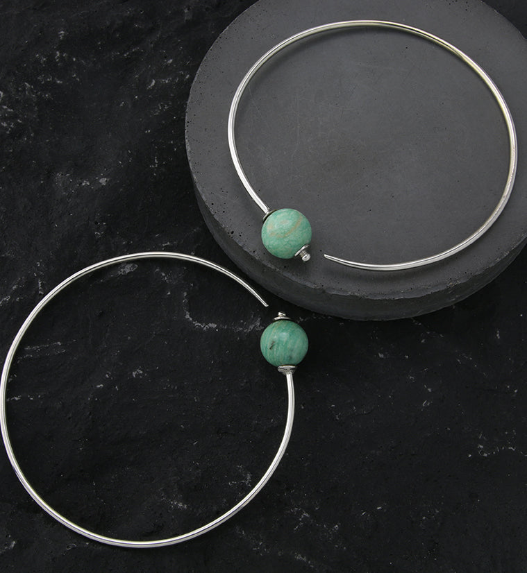 Amazonite Stone Orb White Brass Hangers / Plug Hoops