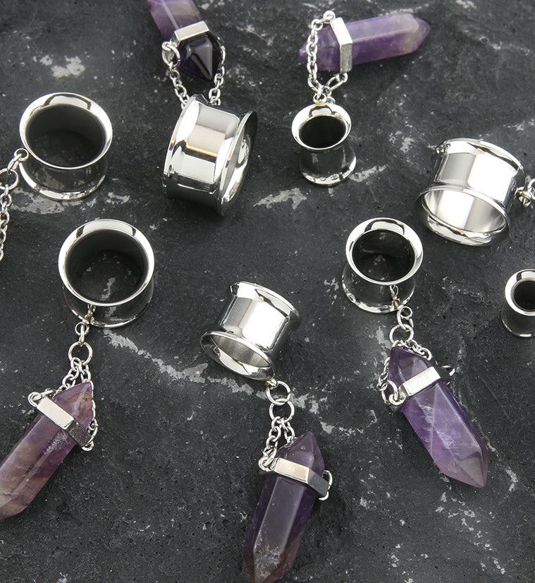 Amethyst Crystal Dangle Stainless Steel Tunnel Plugs