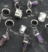 Amethyst Crystal Dangle Stainless Steel Tunnel Plugs