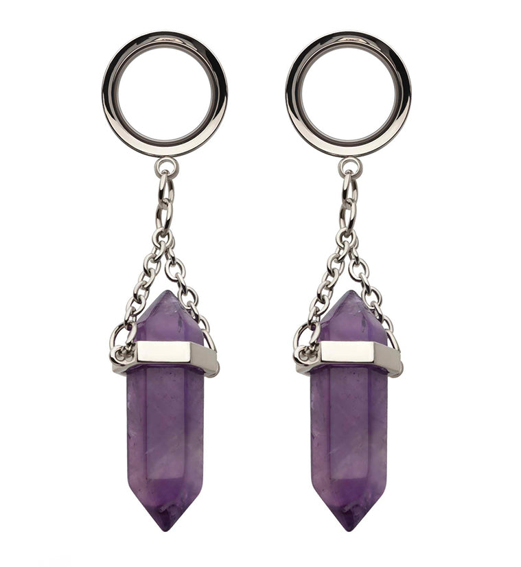Amethyst Crystal Dangle Stainless Steel Tunnel Plugs