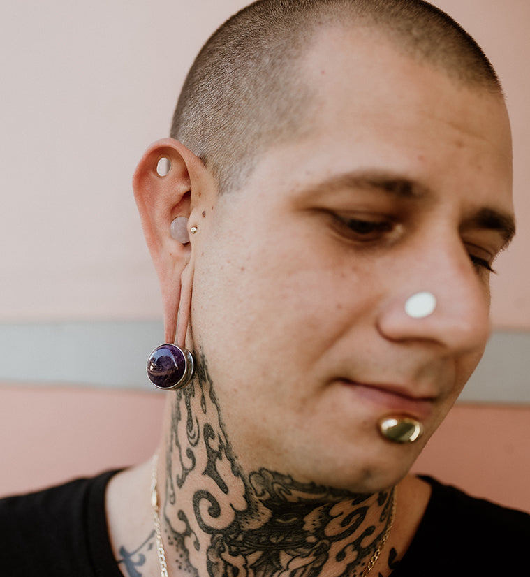 Amethyst Stone Disk White Brass Ear Weights