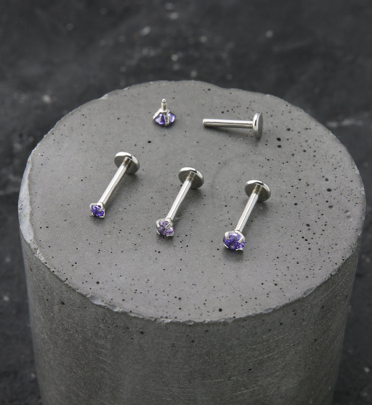 Amethyst Prong CZ Stainless Steel Internally Threaded Labret